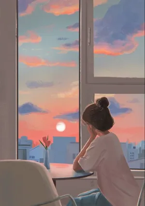 Calm Anime Girl Aesthetic Sunset Sky Wallpaper