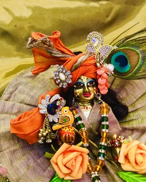 Caption: Adorable Laddu Gopal In Enchanting Brown Attire Wallpaper