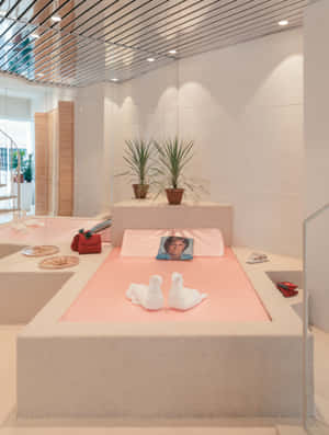 Caption: Amélie Pichard's Chic Pink Satin Bed In The Shop Wallpaper