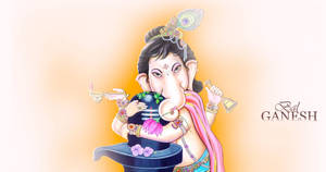 Caption: Bal Ganesh Embracing Fountain In Devotion Wallpaper