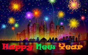 Caption: Dazzling Fireworks Light Up The Night Sky Over City Buildings On New Year's Eve Wallpaper