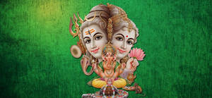Caption: Divine Trinity - Laxmi, Ganesh, Saraswati In Dark Green Background Wallpaper