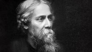 Caption: Emotive Black And White Portrait Of Rabindranath Tagore Wallpaper