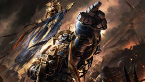 Caption: Epic Clash In Warhammer 40000: Dawn Of War - Pirate Knight In Battle Wallpaper
