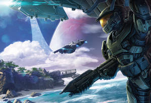 Caption: Intense 3d Gaming Action With The Iconic Halo Master Chief Wallpaper