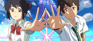 Caption: Outstretched Hands Reaching In The Star-lit Sky From The Popular Anime Film, Your Name In 4k Resolution. Wallpaper