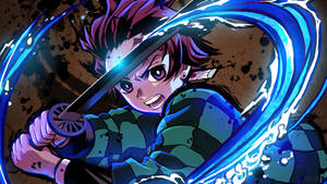 Caption: Tanjiro Kamado Wielding His Sword In An Intense Moment Wallpaper