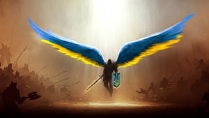 Caption: The Guardian Angel Of Ukraine On Ukrainian Flag Wallpaper