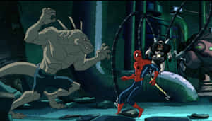 Caption: Ultimate Spider-man Swinging Through The City Wallpaper