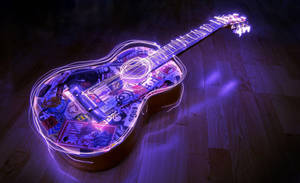 Caption: Vibrant Acoustic Guitar Illuminated By Purple Neon Lights. Wallpaper