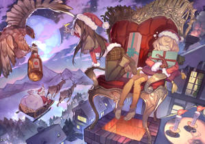 Captivating Anime Girl Celebrating Christmas With Santa Claus Wallpaper