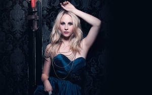 Caroline Forbes In Blue Stylish Gown Wallpaper