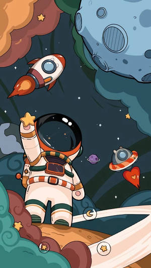 Cartoon Astronaut Holding Up A Star Wallpaper