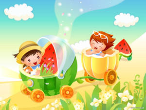 Cartoon Children On Fruit Vehicles Wallpaper