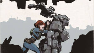 Cartoon Fallout 76 Girl And Power Armor Suit Wallpaper