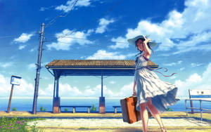 Cartoon Girl Alone At Beach Bus Stop Wallpaper