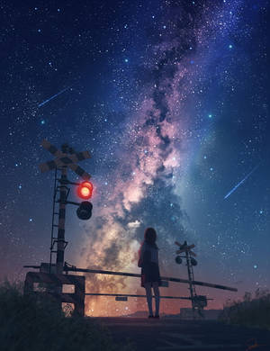 Cartoon Girl Looking At A Milky Way Alone Wallpaper