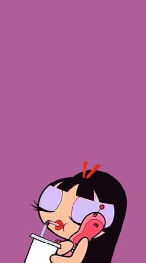 Cartoon Girl Sipping Drink Purple Background Wallpaper