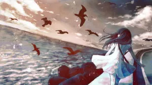 Cartoon Girl Walking Alone At The Seaside Wallpaper