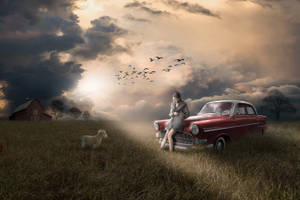 Cartoon Girl With A Red Car Alone On A Field Wallpaper