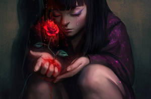 Cartoon Girl With Red Rose Crying Alone Wallpaper