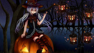 Cartoon Halloween Girl On Pumpkin Wallpaper