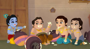 Cartoon Krishna Butter Scene Wallpaper