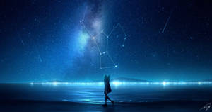 Cartoon Of Person Walking Alone Under A Constellation Wallpaper