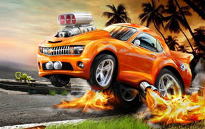 Cartoon Orange Fire Car Bursting Flames On Road Wallpaper