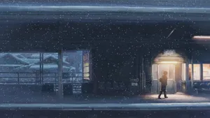 Cartoon Person Walking On The Snowy Streets Alone Wallpaper