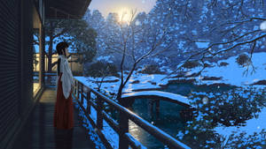 Cartoon Shrine Maiden Alone At Winter Time Wallpaper