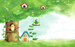 Cartoon Treetop With Birds Wallpaper