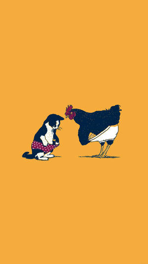 Cat And Rooster Cute Yellow Background Wallpaper