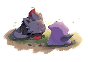 Charming Zorua Playfully Interacting With Another Pokemon Wallpaper