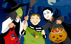 Cheerful Children Celebrating Halloween With Trick Or Treat Wallpaper