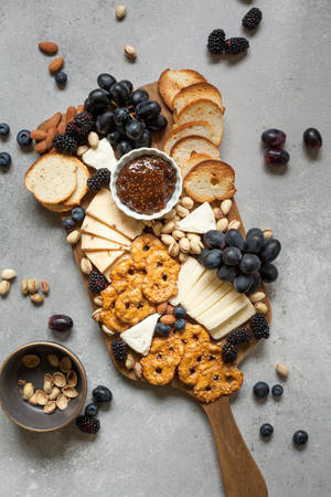 Cheese, Fruits, Pretzels On Platter Wallpaper