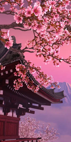 Cherry Blossoms Anime Scenery Temple Pink Skies Wallpaper