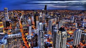 Chicago Skyline Night Aerial Perspective Wallpaper