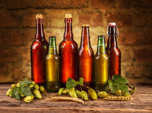 Chilled Beer Bottles Surrounded By Fresh Hops And Barleys Wallpaper