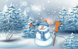 Christmas Snowman Bird Sitting Wallpaper