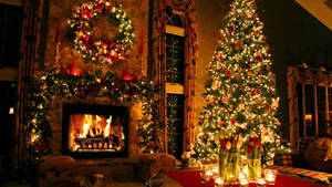 Christmas Tree By The Fireplace Wallpaper