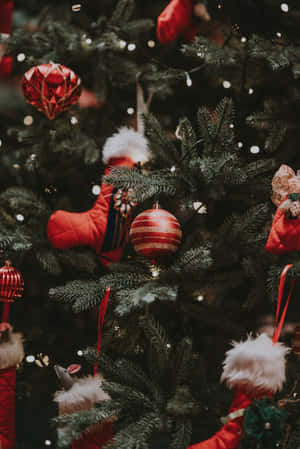 Christmas Tree With Red Stockings And Ornaments Wallpaper