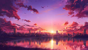Cityscape Lake Anime Aesthetic Sunset Wallpaper