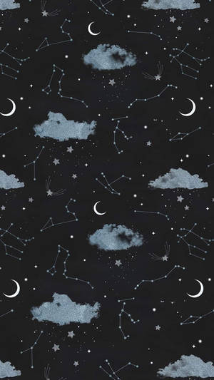 Clouds, Moon, And Stars Pattern Wallpaper