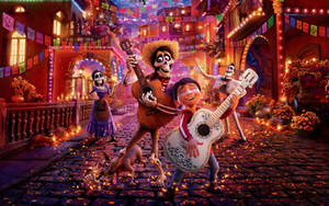 Coco Characters At Colorful Night Street Wallpaper