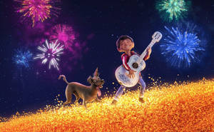 Coco Miguel In Marigold Bridge With Fireworks Wallpaper
