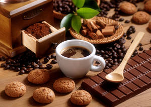 Coffee Cup Amidst Sweets And Beans Wallpaper