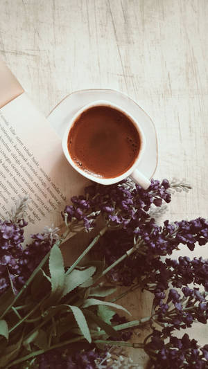 Coffee Cup With English Lavender And Literature Wallpaper