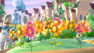 Colorful_ Animated_ Flowers_and_ Watering_ Man Wallpaper