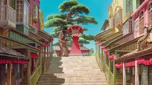 Colorful Anime Town Staircase Wallpaper
